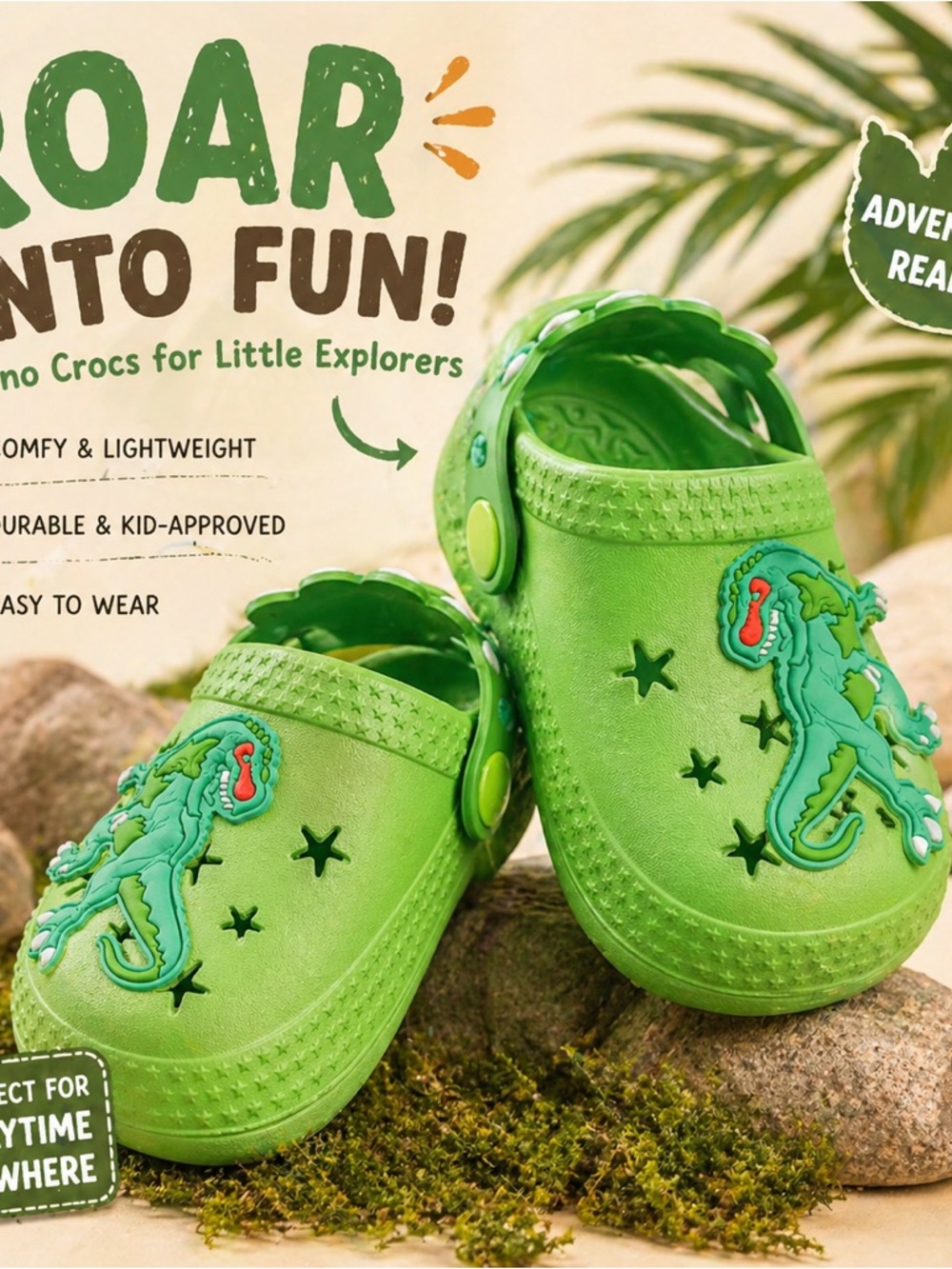 Kids Green Dino Clogs - Comfortable Lightweight Slip-On